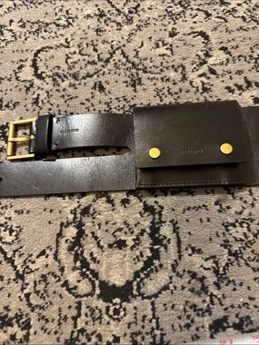 AllSaints Black Leather Belt with Gold Hardware and pouch